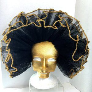 Vintage Venetian Gold Fabric Mask w/ Blk Net Ruffles NOS NWOT
